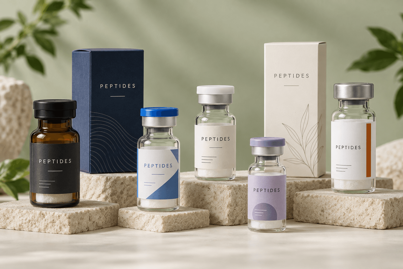 Illustrative assortment of peptide vials with blue, charcoal, ivory and lavender packaging